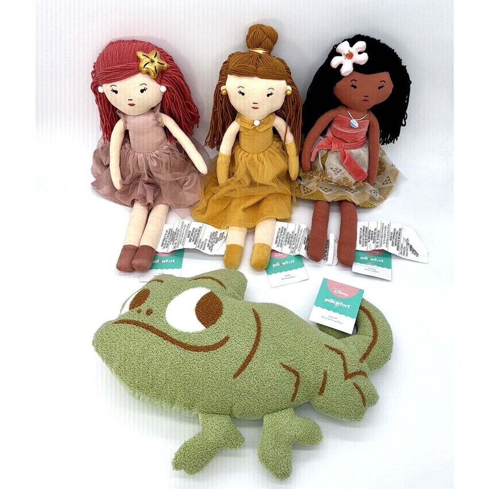 NWT Pillowfort Disney Moana Belle Ariel Pascal Pillow Pals Plush 4-Piece SET NEW
